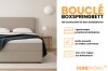 Product overview: Features of the bouclé boxspring bed such as storage space and colour selection.