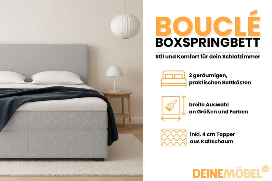 Grijze bouclé boxspring met bedbak en topper van DeineMöbel24.
