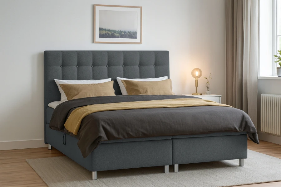 Stilvoll eingerichtetes Schlafzimmer mit einem modernen Boxspringbett in Grau.