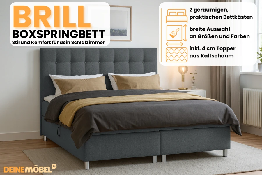 Brill Boxspringbett in Dunkelgrau mit Bettkästen und Topper – Stil und Komfort fürs Schlafzimmer.