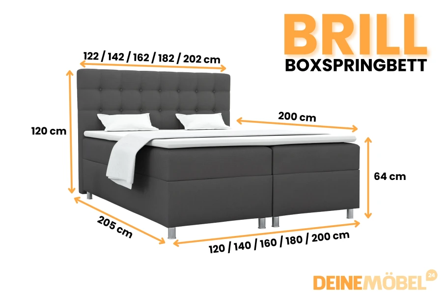 Maßskizze für das Brill Boxspringbett mit Angaben zu Höhe, Breite und Tiefe in Zentimetern.
