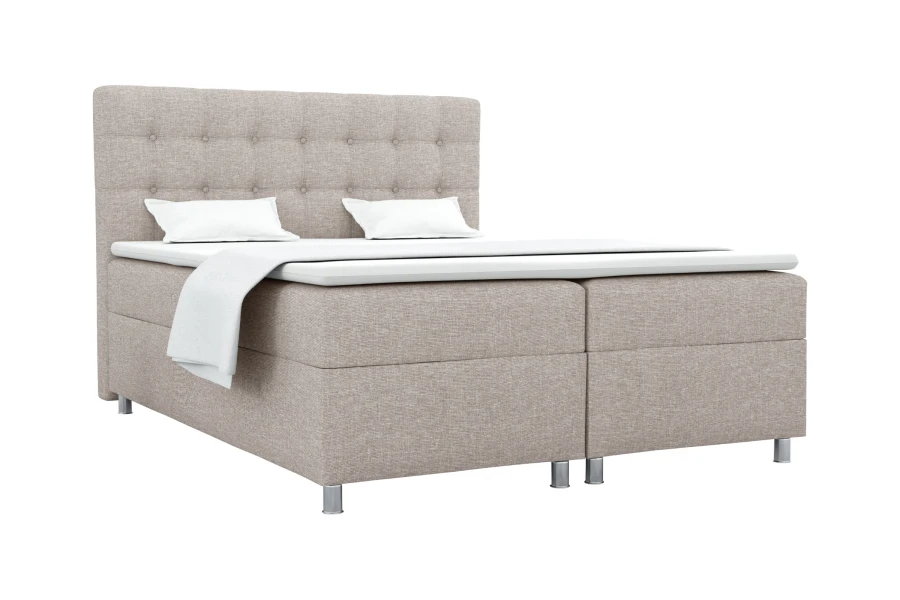 Boxspringbett Brill in Beige freigestellt auf weißem Hintergrund, inklusive weißem Topper.
