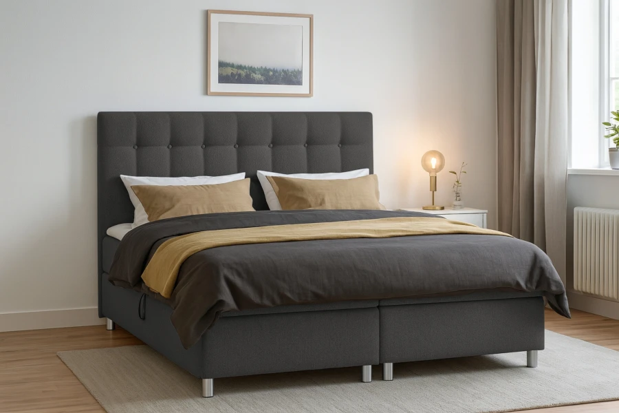 Dunkelgraues Boxspringbett in modernem Schlafzimmer mit gemütlicher Dekoration.