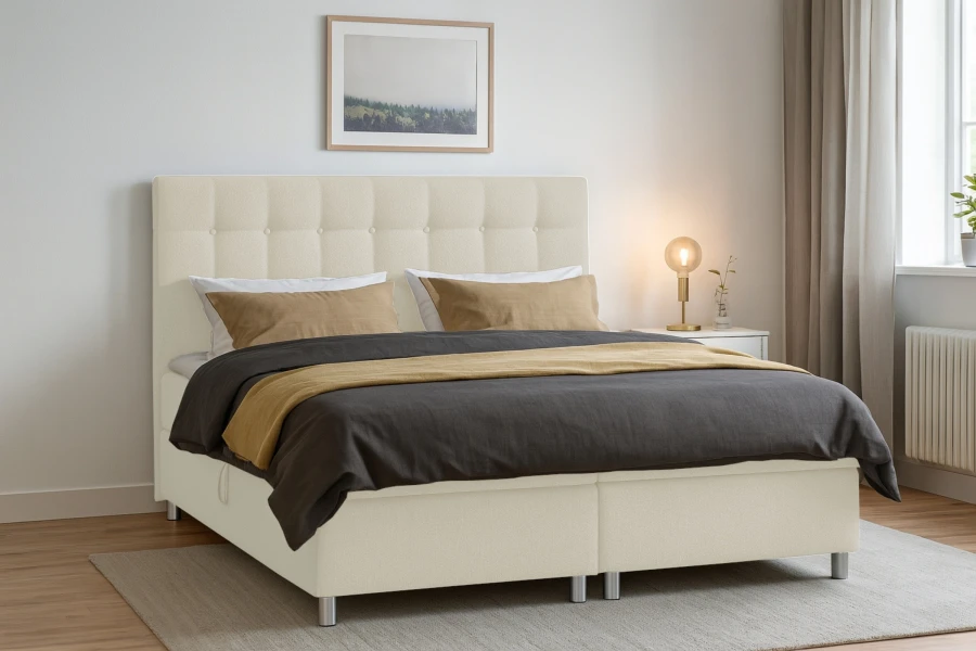 Modernes cremefarbenes Boxspringbett mit gepolstertem Kopfteil in gemütlichem Schlafzimmer.