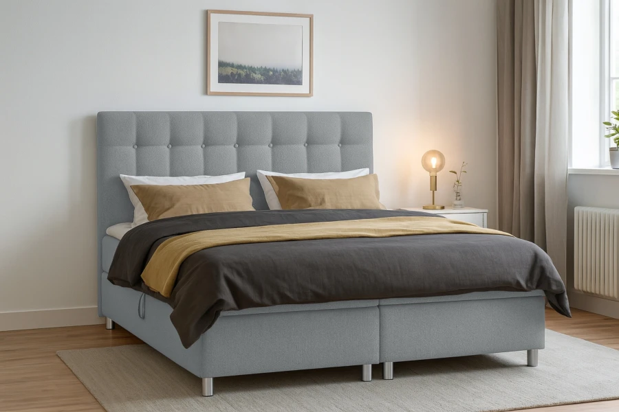 Modernes graues Boxspringbett mit gepolstertem Kopfteil in einem hellen Schlafzimmer.