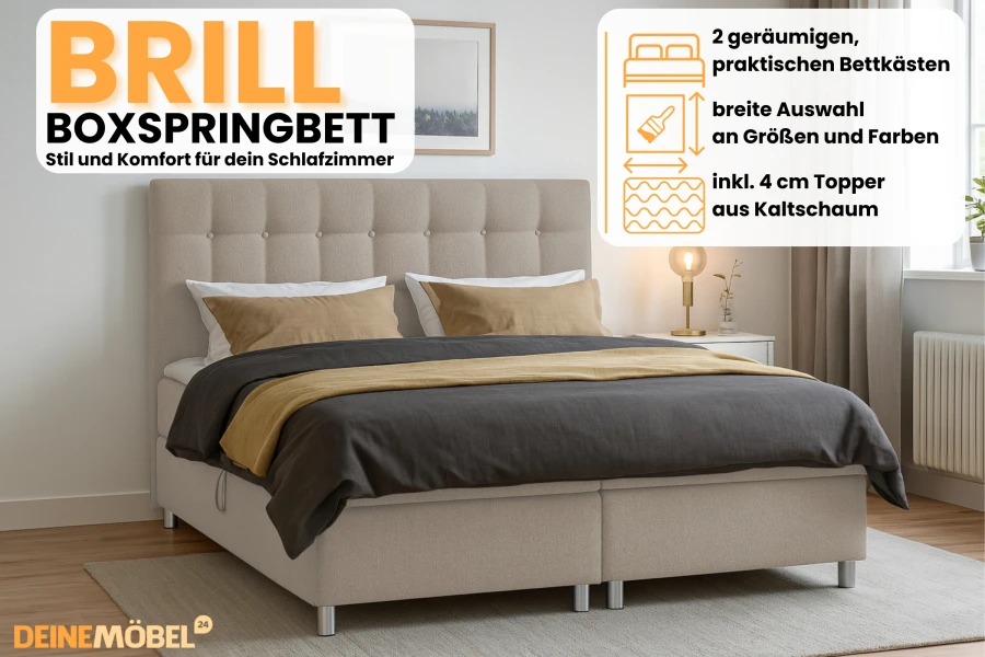Vorteile des Brill Boxspringbetts: Stauraum, Farbauswahl und Komfort-Topper.
