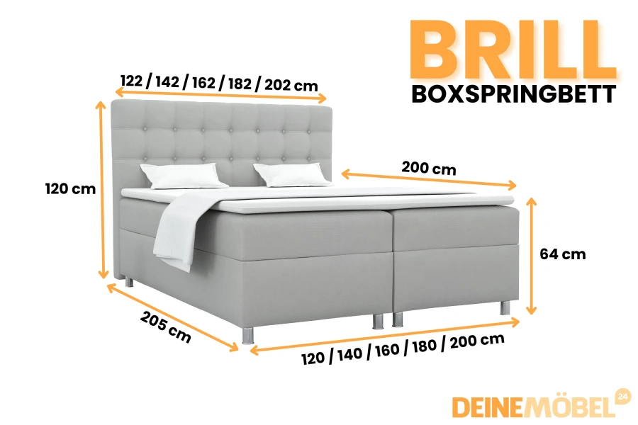 Maßangaben für das Boxspringbett Brill: Höhe, Breite und Tiefe im Überblick.