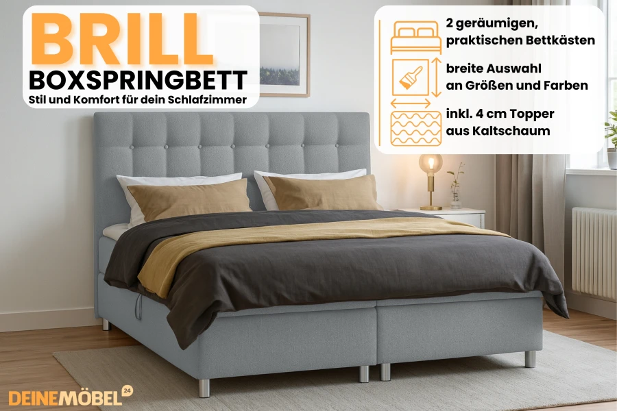 Vorteile des Boxspringbetts Brill: Bettkasten und Kaltschaumtopper.