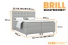Brill Boxspringbett in Grau mit detaillierten Maßen und Abmessungen für verschiedene Breiten.