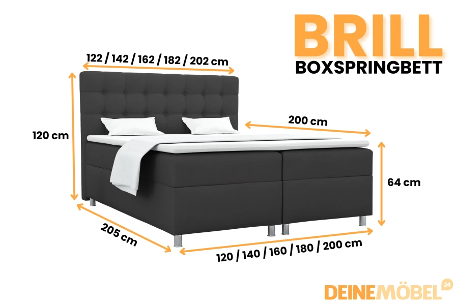 Abmessungen und Größenübersicht des Brill Boxspringbettes mit Höhenangaben.
