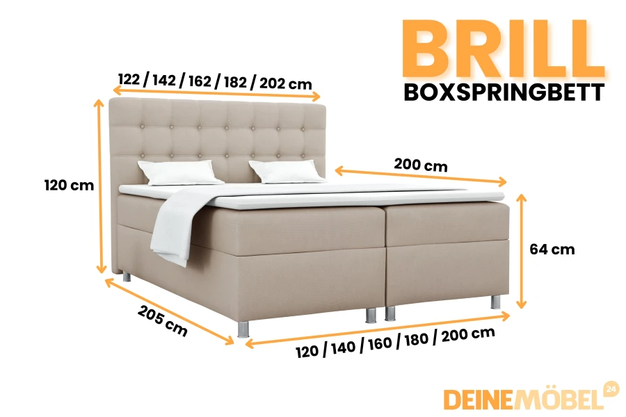 Maßgrafik für Boxspringbett Brill mit Angaben zu Höhe, Breite und Liegefläche.