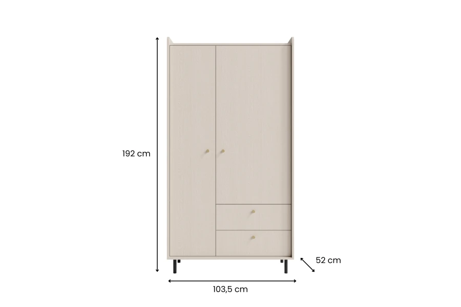 Maße für den 2-türigen Kleiderschrank in Beige: 192 cm Höhe, 103,5 cm Breite und 52 cm Tiefe.