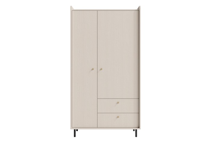 Moderner zweitüriger Kleiderschrank in hellem Beige mit zwei Schubladen und schwarzen Füßen.