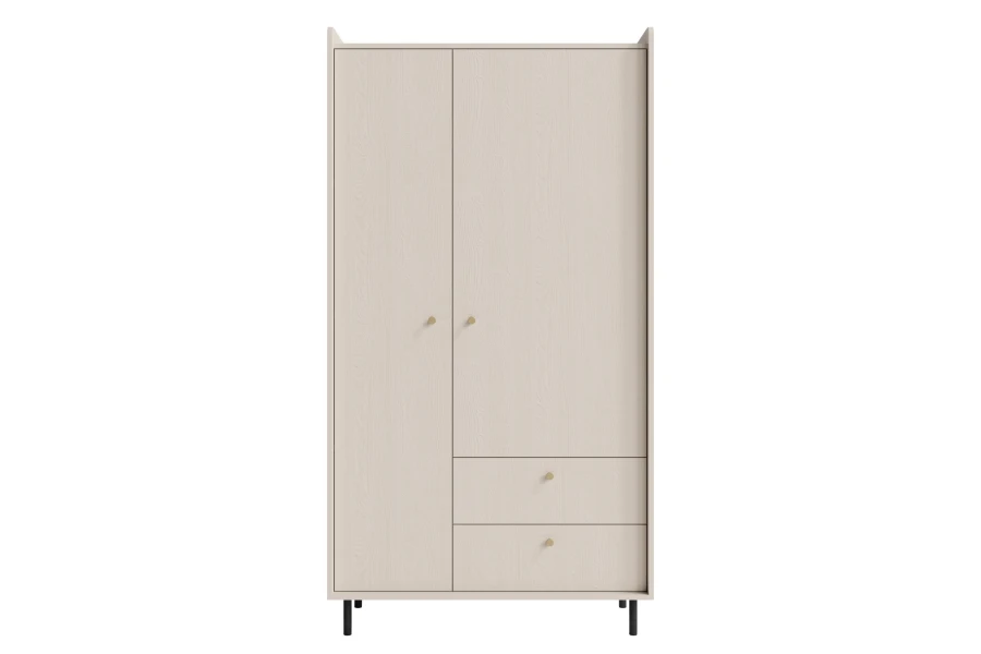 Moderner 2-türiger Kleiderschrank in hellem Eichen-Look mit zwei Schubladen und goldenen Griffen.