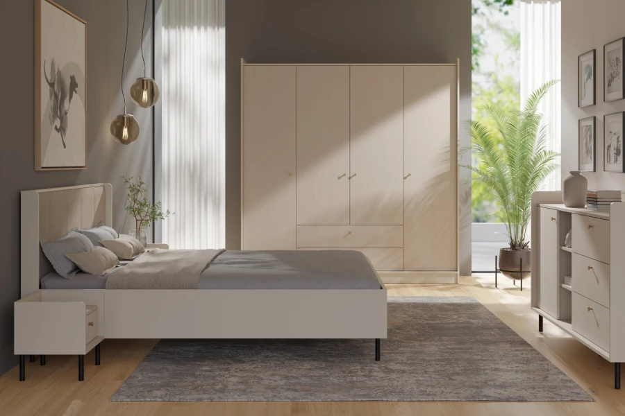 Modern eingerichtetes Schlafzimmer mit Bett, Kleiderschrank und Kommode der Georgia Kollektion.