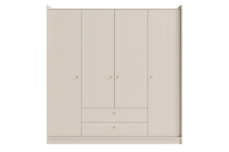 Großer 4-türiger Schrank in Beige mit zwei Schubladen und minimalistischen Goldgriffen.