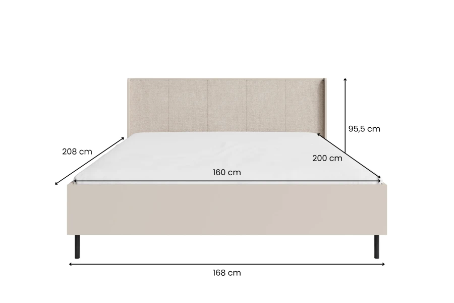 Detaillierte Maße eines Doppelbetts: 160x200 cm Liegefläche und 95,5 cm Kopfteilhöhe.