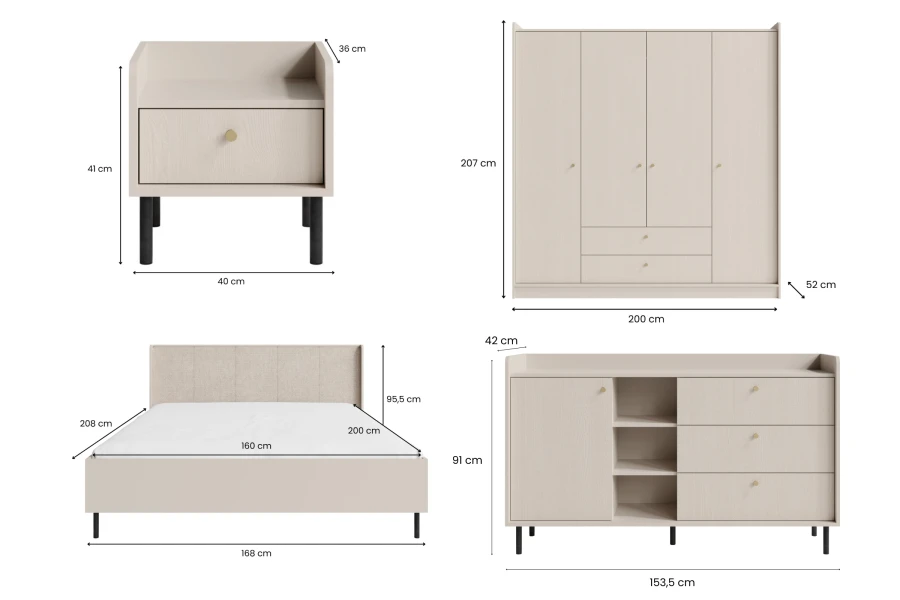 Maßskizzen für Georgia Schlafzimmermöbel inklusive Bett, Schrank und Kommode.
