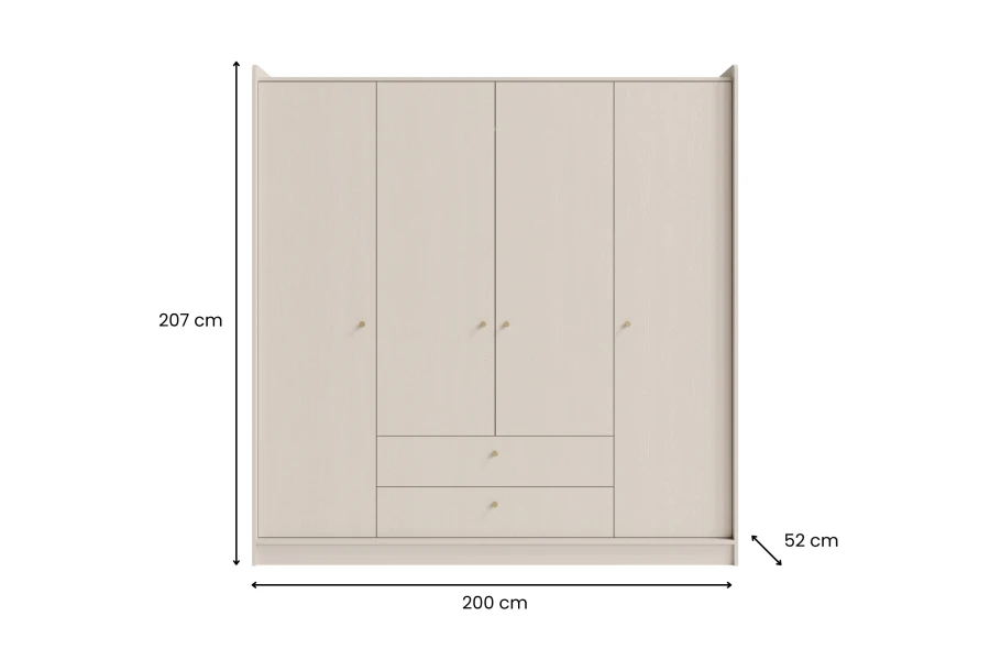 Kleiderschrank hellbeige, 4 Türen, 2 Schubladen, Abmessungen 200x207x52 cm.