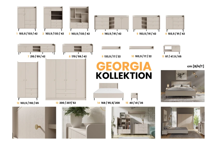 Georgia Kollektion Möbelübersicht mit Maßen für Kleiderschrank, Bett und Kommoden.