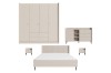 Modernes Schlafzimmer-Set in Beige mit Kleiderschrank, Bett, Kommode und Nachttischen.