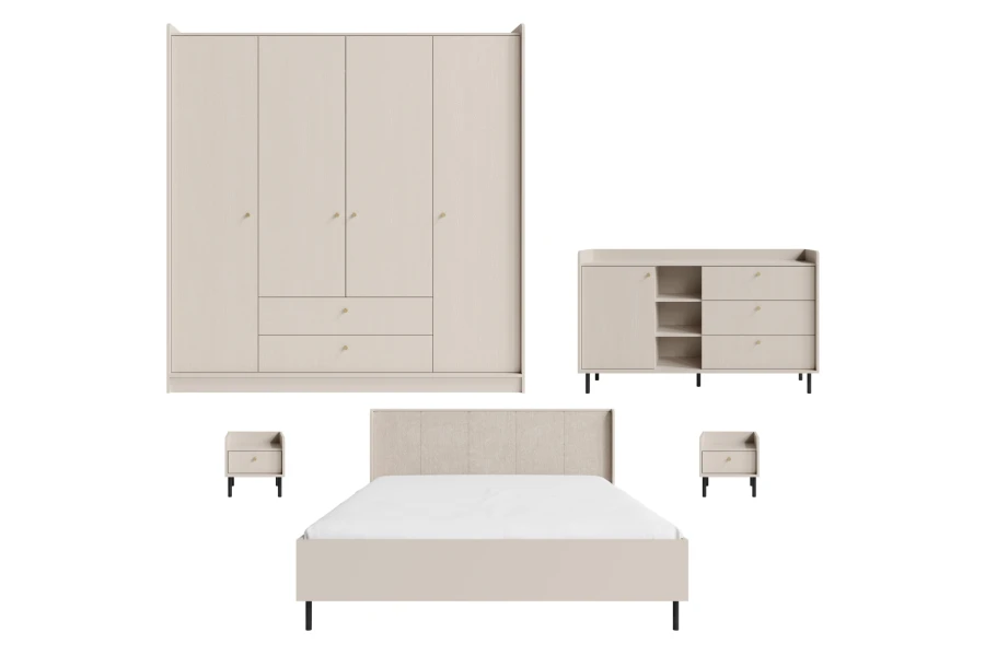 Modernes Schlafzimmer-Set in Beige mit Kleiderschrank, Bett, Kommode und Nachttischen.
