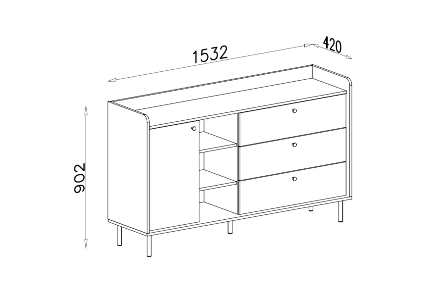 Technische Zeichnung Sideboard: 1532x902x420 mm mit Schubladen und Regalfächern.