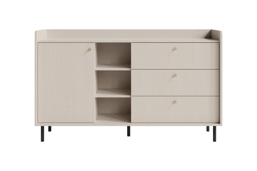 Elegante beige Kommode mit 3 Schubladen, Tür und offenen Fächern auf schwarzen Füßen.