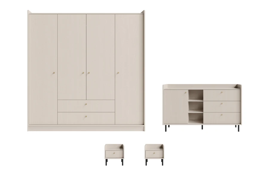 Möbel-Set in Beige: Kleiderschrank, Sideboard und zwei Nachttische.