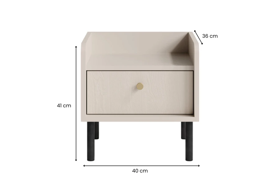 Abmessungen des beigen Nachtschranks: 40 cm breit, 41 cm hoch und 36 cm tief.