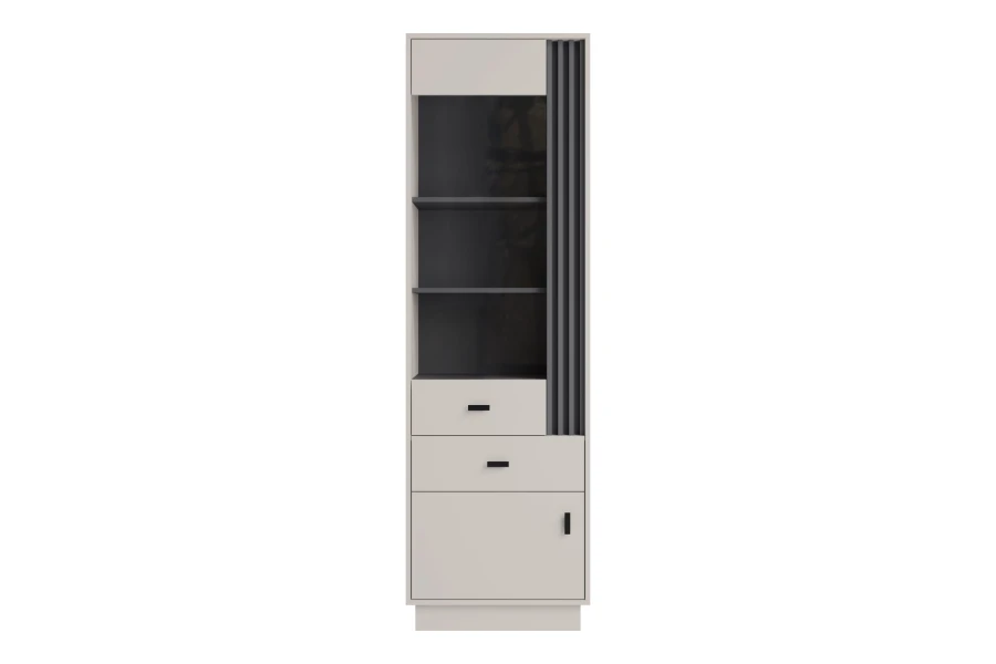 Moderner Hochschrank in Hellgrau mit Regalfächern, Schubladen und schwarzen Lamellen-Akzenten.