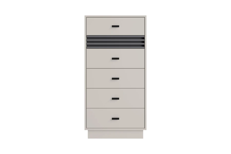 Schmale Hochkommode in Beige mit schwarzen Griffen und dekorativen dunklen Lamellen.
