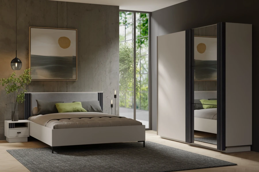 Modernes Schlafzimmer-Set mit Doppelbett, Kleiderschrank und passendem Nachttisch in hellem Design.