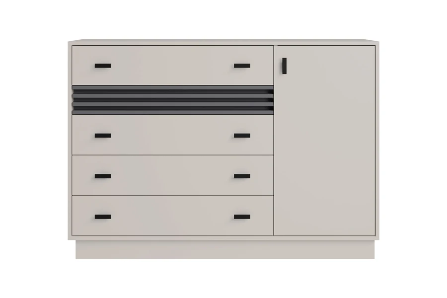 Kombikommode in Grau mit vier Schubladen und einer Tür, ideal für moderne Schlafzimmer.