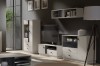 Modernes Wohnzimmer-Set bestehend aus TV-Lowboard, Highboard und Wandregal in hellem Grau.