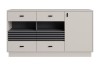 Modernes Sideboard in Beige mit Schubladen und grauen Design-Elementen.