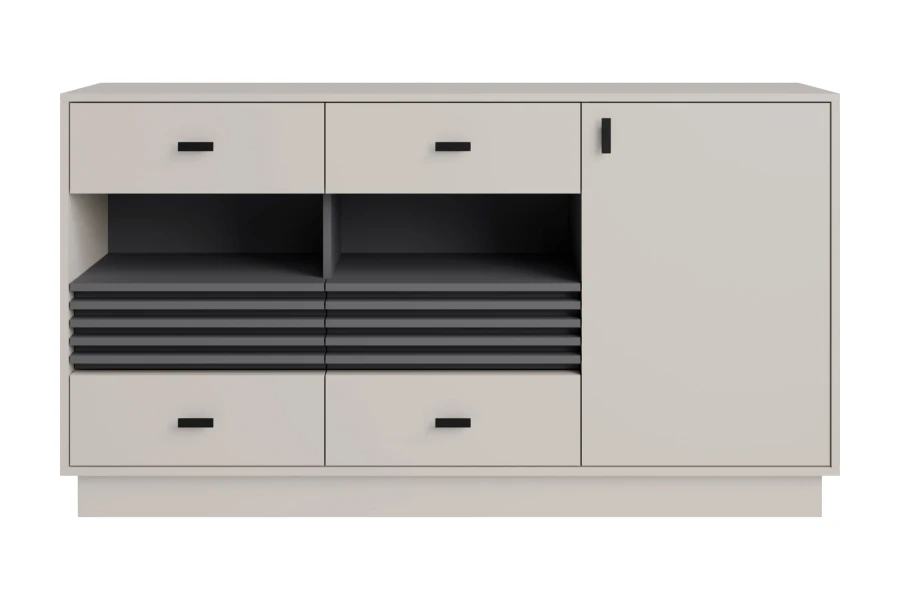 Modernes Sideboard in Beige mit Schubladen und grauen Design-Elementen.
