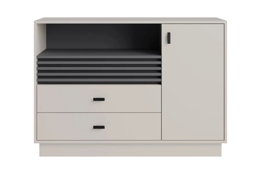 Kompakte Kommode in Beige mit Schubladen und moderner Optik.