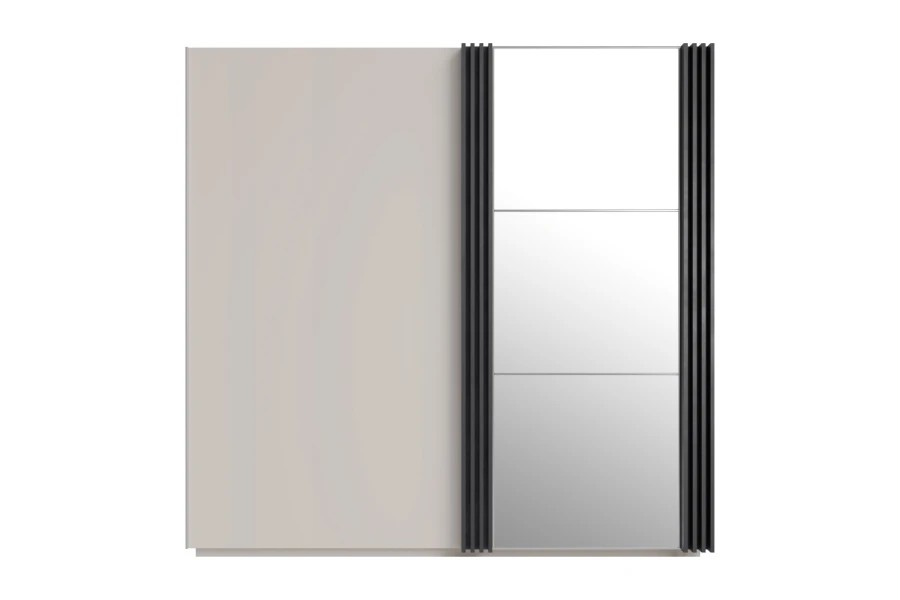 Großer Kleiderschrank in Beige mit Spiegeltür und dunklen Lamellen.