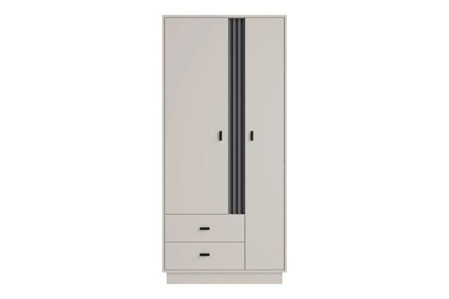 Schlichter Kleiderschrank in Hellgrau mit dekorativen schwarzen Lamellen und Schubladen.