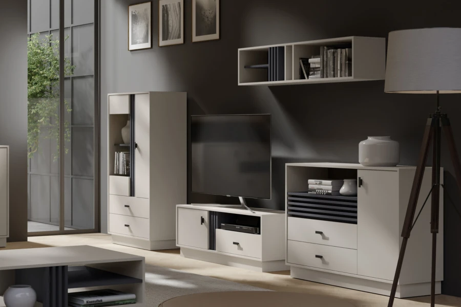 Elegante Wohnwand-Kombination mit TV-Board, Vitrinenschrank und Wandregal in modernem Design.