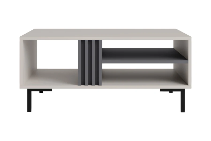 Moderner Couchtisch in Beige mit anthrazitfarbenem Fach und schwarzen Metallbeinen.