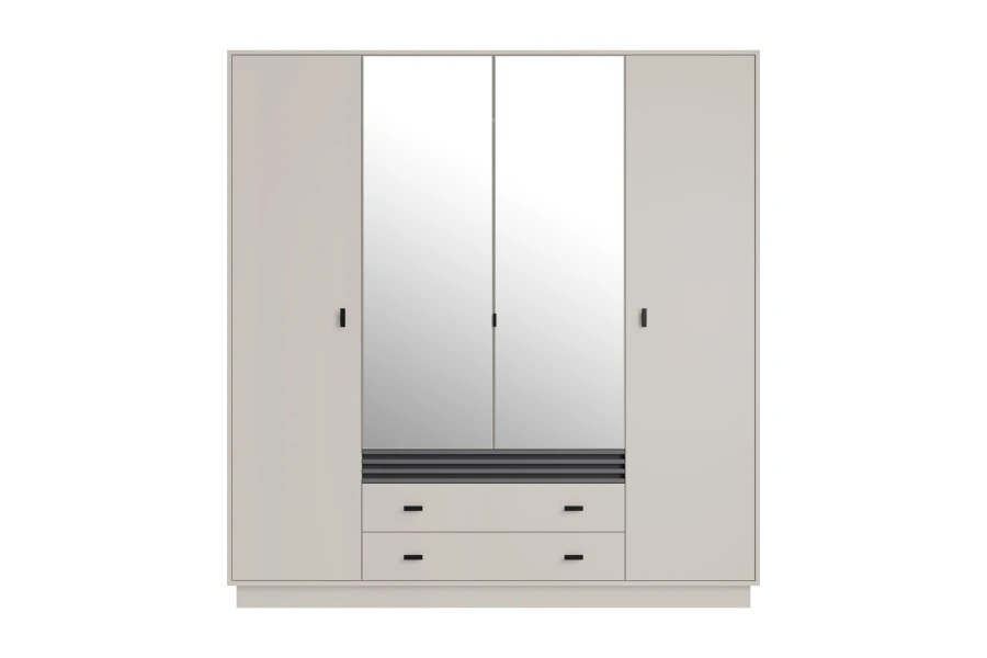 Moderner Kleiderschrank in Beige mit zwei Spiegeltüren und Schubladen für das Schlafzimmer.
