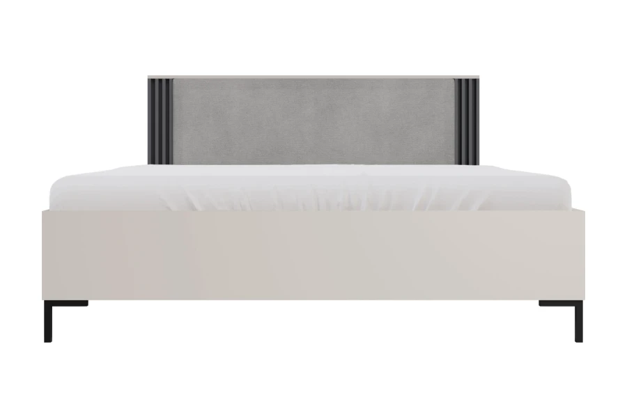 Modernes Bettgestell in Beige mit gepolstertem Kopfteil und dunklen Lamellen-Details.