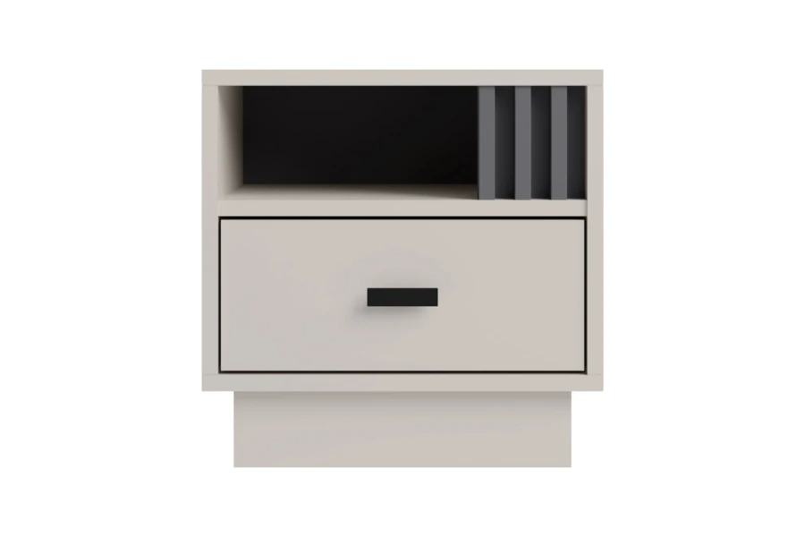 Moderner beiger Nachttisch mit Schublade und offenem Ablagefach, minimalistisches Design.