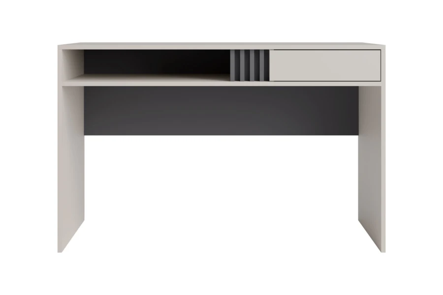 Minimalistischer Schreibtisch in Beige mit Schublade und offenem Fach, ideal für das Home-Office.