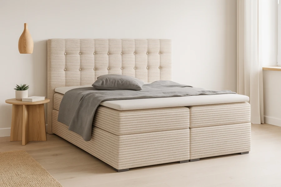 Modernes Boxspringbett in Beige mit geripptem Stoff und gestepptem Kopfteil im Schlafzimmer.