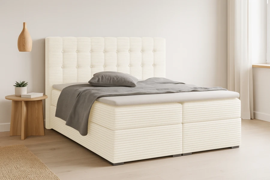 Elegantes Boxspringbett in Beige mit hochwertigem Cord-Bezug und weichem Topper.