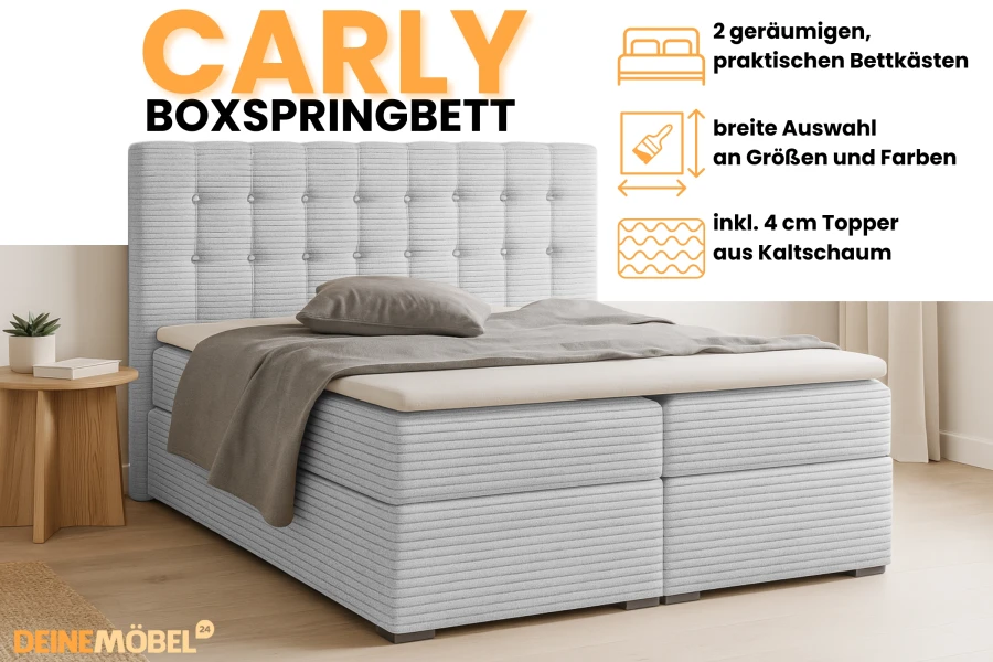 Infografik zum Carly Boxspringbett mit Details zu Bettkasten, Topper und Farbauswahl.