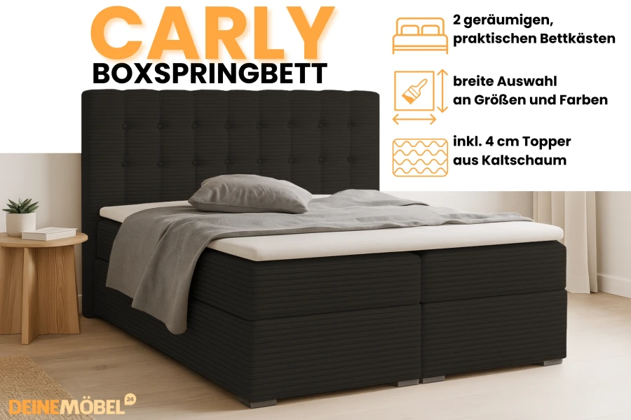 Carly boxspringbed in zwart met bedbak en 4 cm koudschuimtopper.